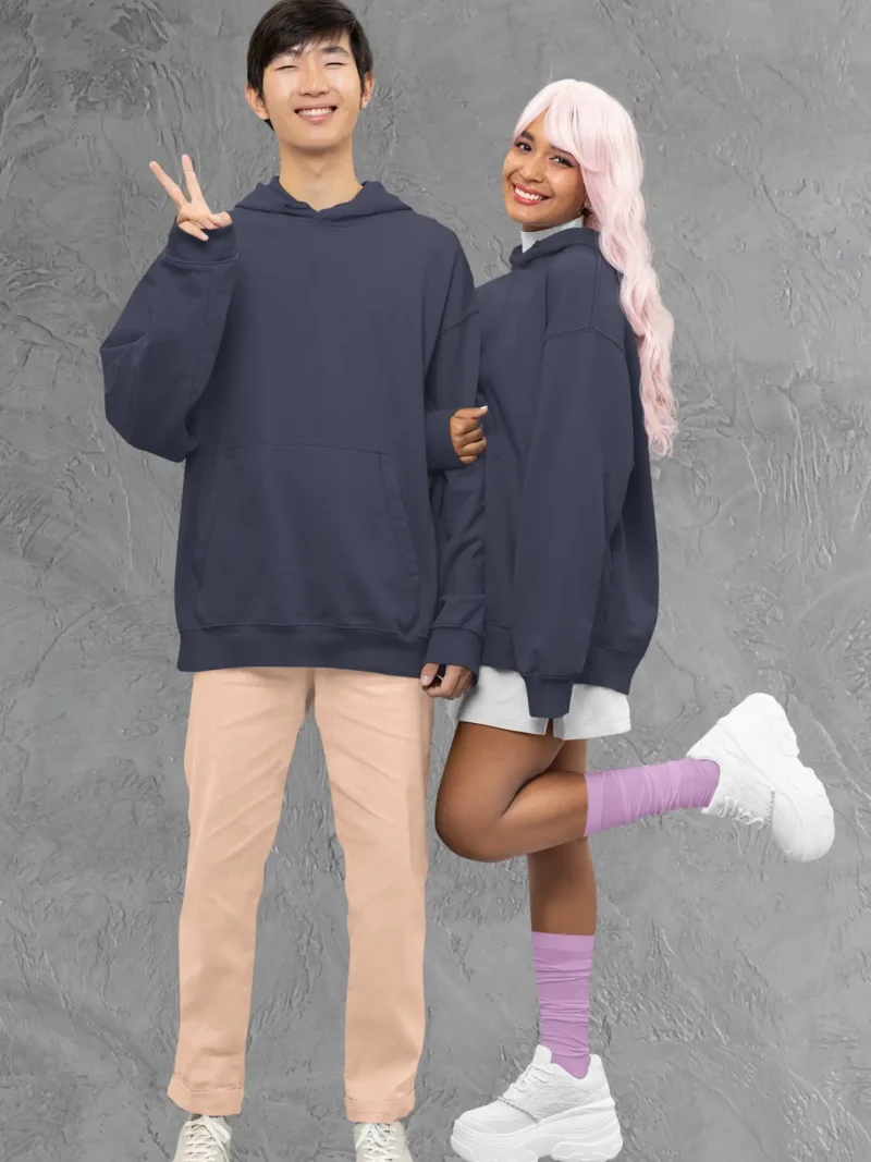 Couple wearing M4S Solids Navy Blue Unisex Oversized Hoodie