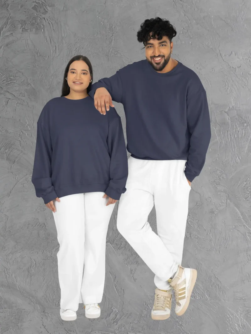 Couple wearing M4S Solids Navy Blue Unisex Oversized Sweatshirt