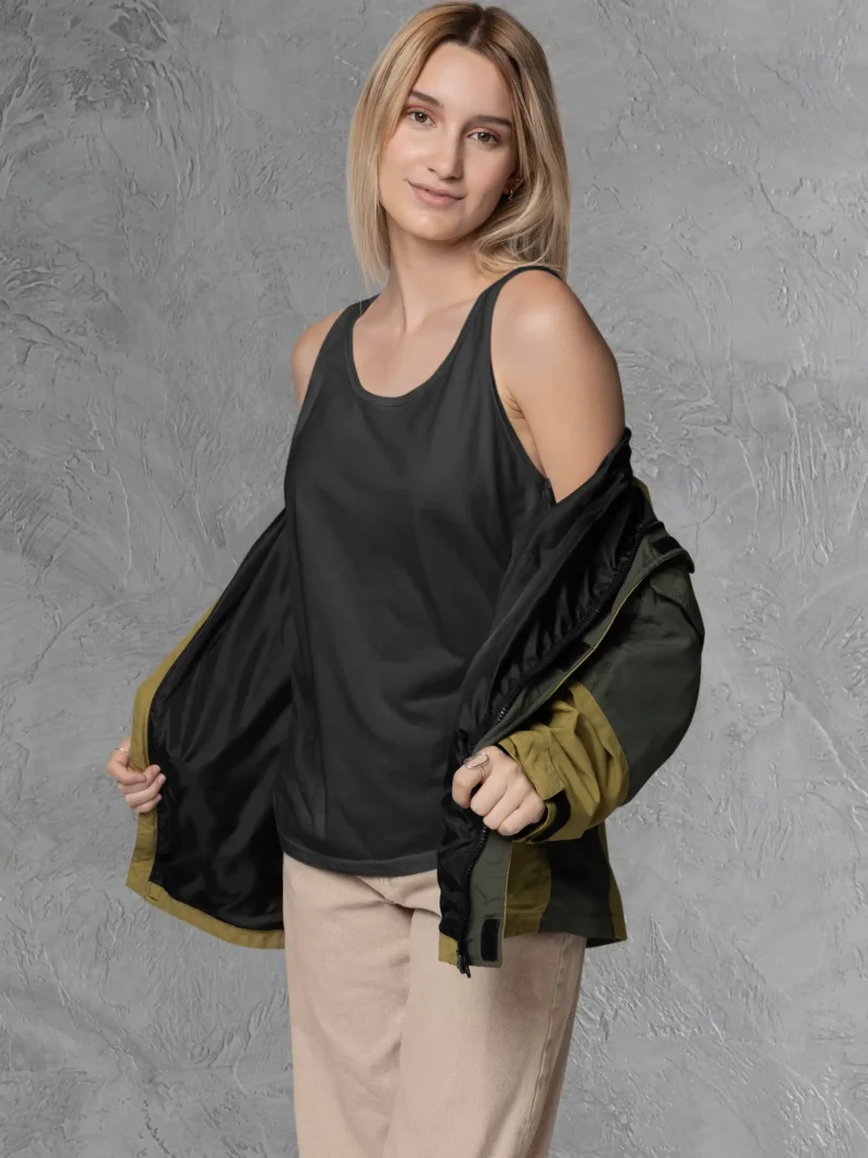 Front view of Woman posing in M4S Solids Black Tank Top 2