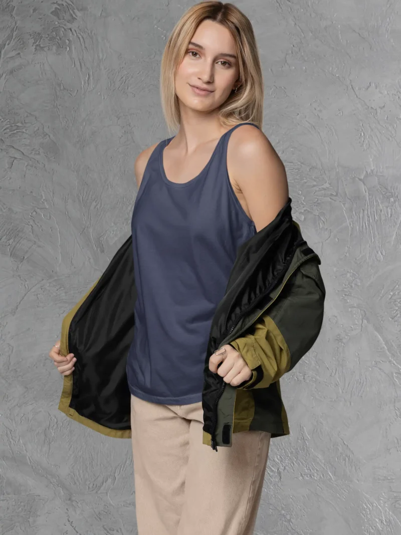 Front view of Woman posing in M4S Solids Navy Blue Tank Top 2