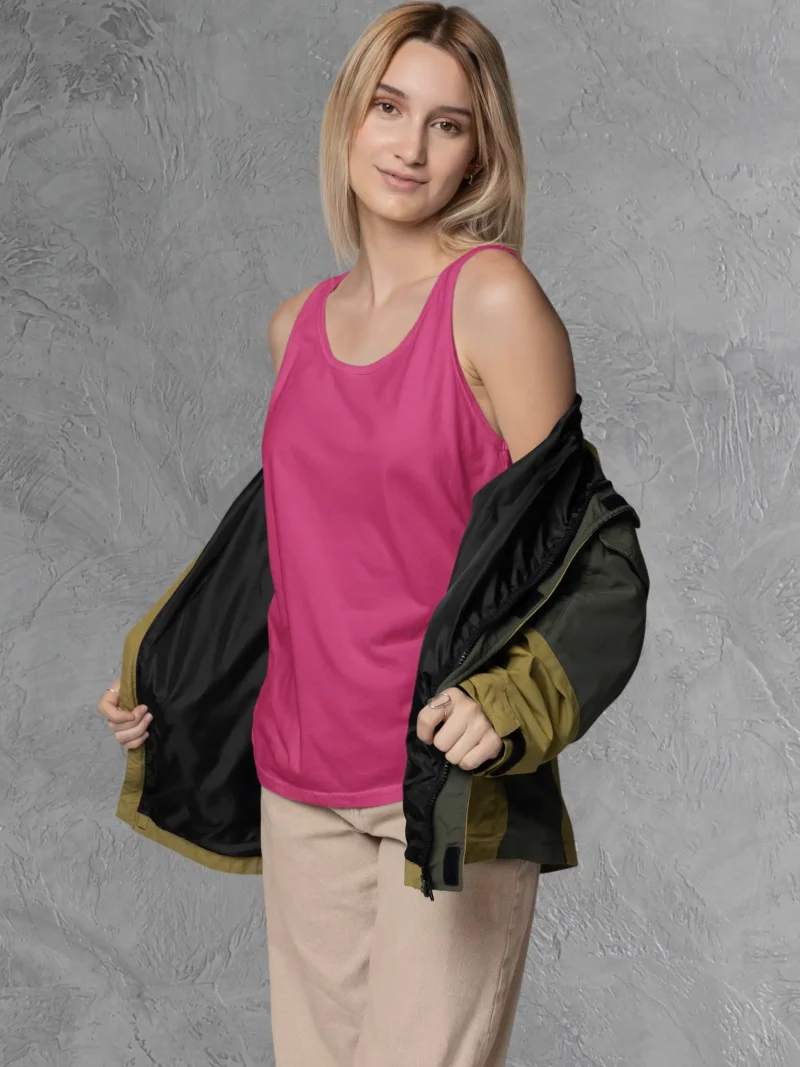 Front view of Woman posing in M4S Solids Pink Tank Top 1