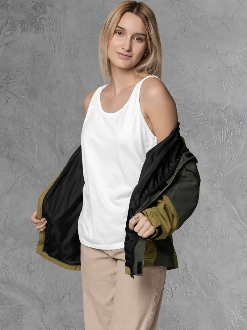 Front view of Woman posing in M4S Solids White Tank Top 2