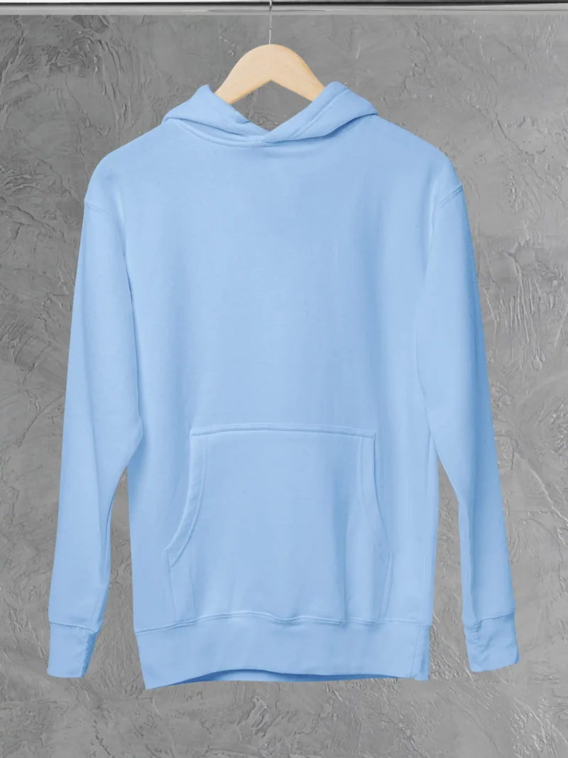 M4S Solids Baby Blue Unisex Pullover Hoodie placed on a hanger