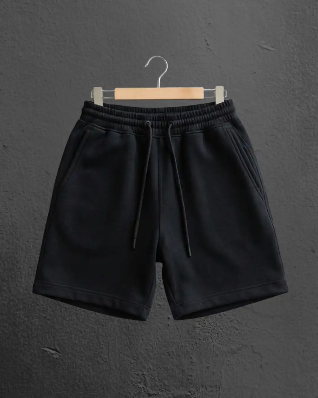M4S Solids Black Unisex Terry Shorts on a hanger M4S Solids Black Unisex Terry Shorts on a hanger