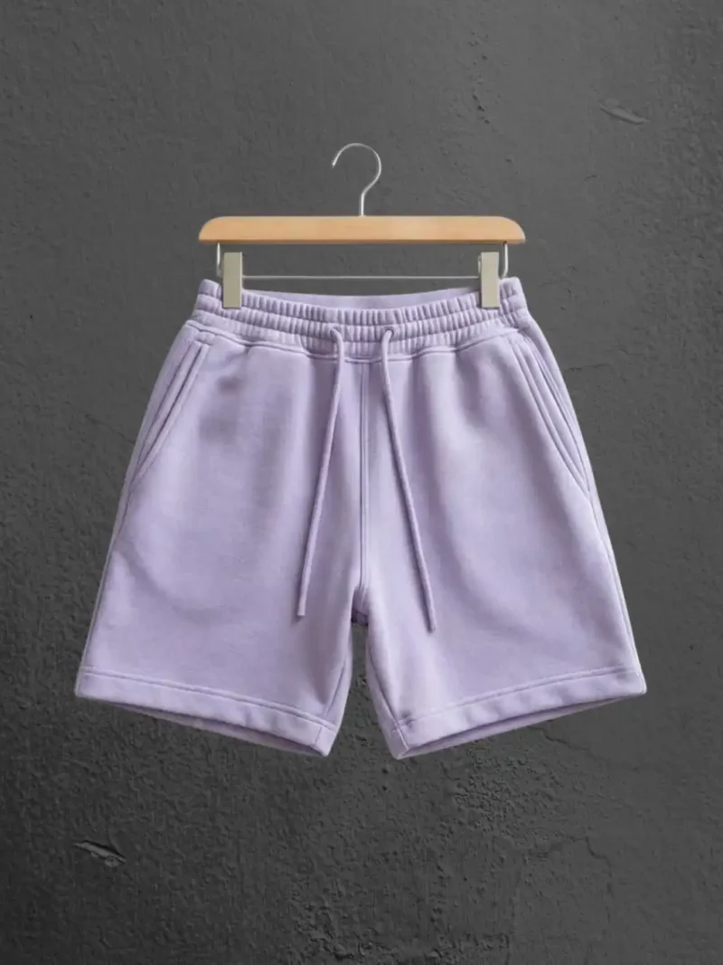 M4S Solids Lavender Unisex Terry Shorts on a hanger
