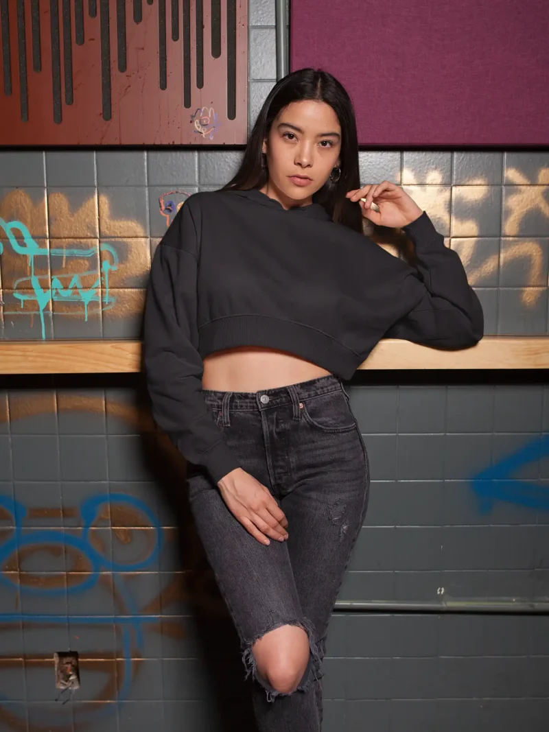 Woman wearing M4S Solids Black Cropped Hoodie 2