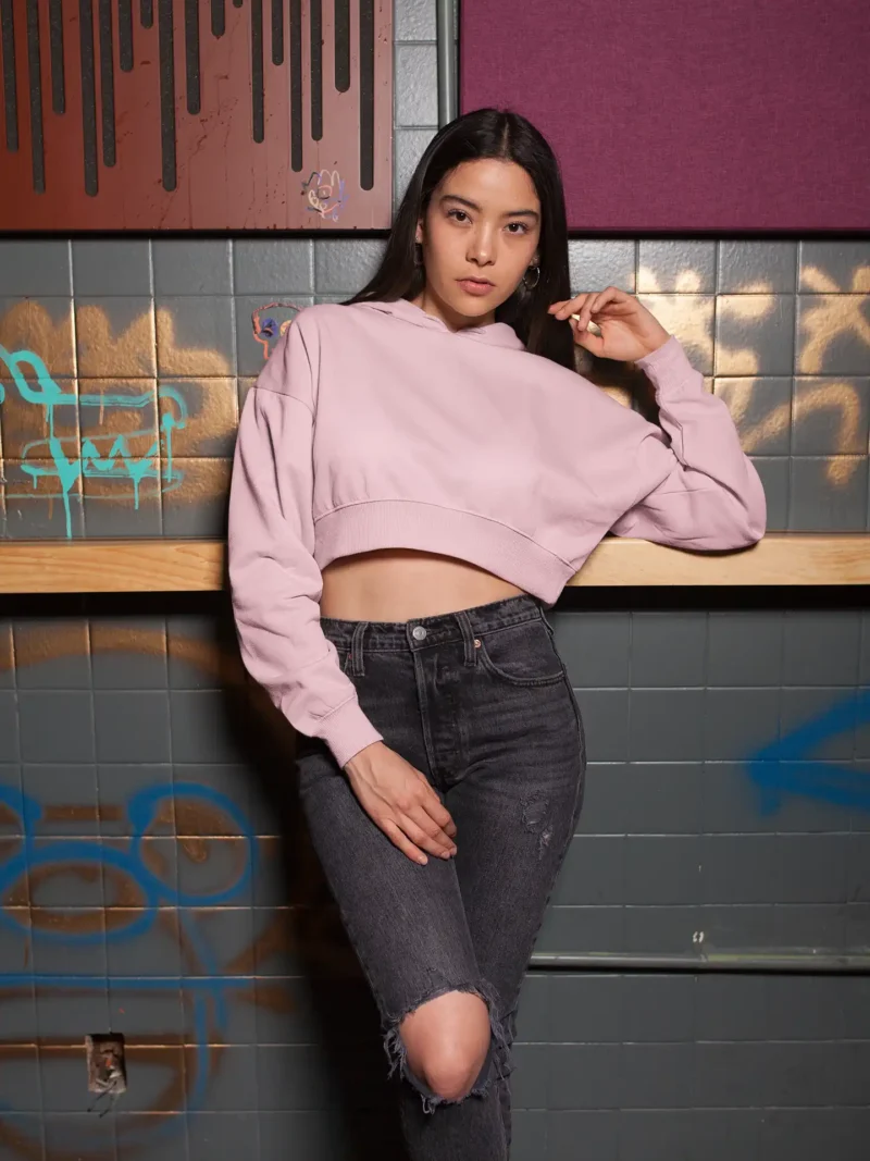 Woman wearing M4S Solids Light Pink Cropped Hoodie 2