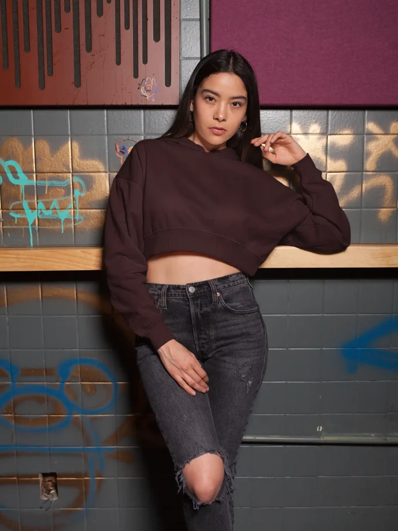 Woman wearing M4S Solids Maroon Cropped Hoodie 2
