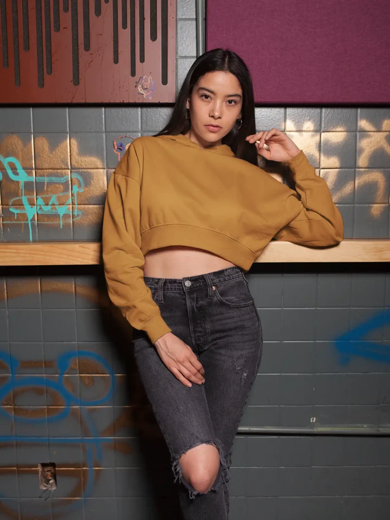 Woman wearing M4S Solids Mustard Yellow Cropped Hoodie 2