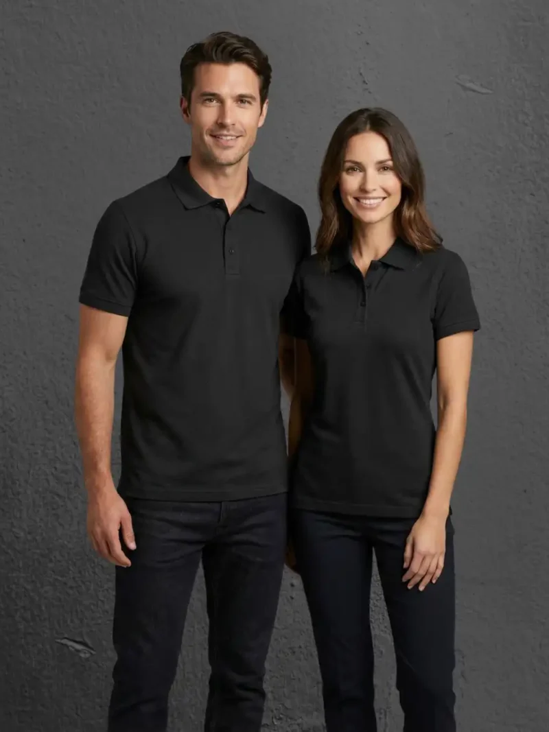 Couple wearing M4S Solids Black Unisex Polo in a studio