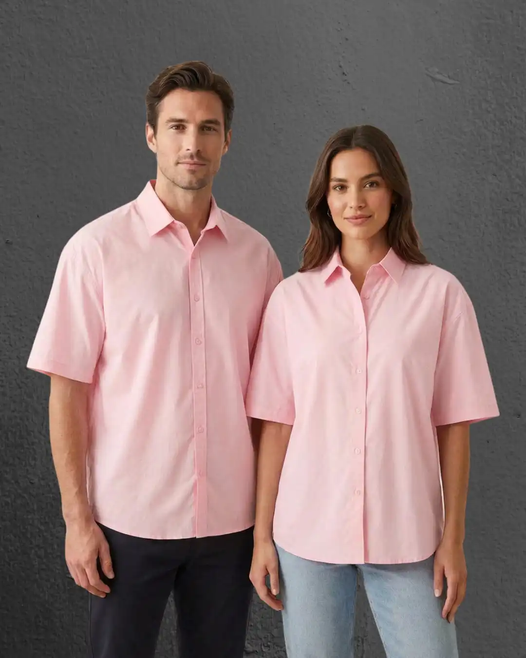 Couple wearing M4S Solids Light Pink Unisex Oversized Shirt Couple wearing M4S Solids Light Pink Unisex Oversized Shirt