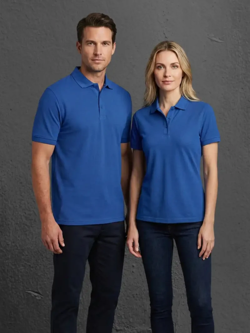 Couple wearing M4S Solids Royal Blue Unisex Polo in a studio