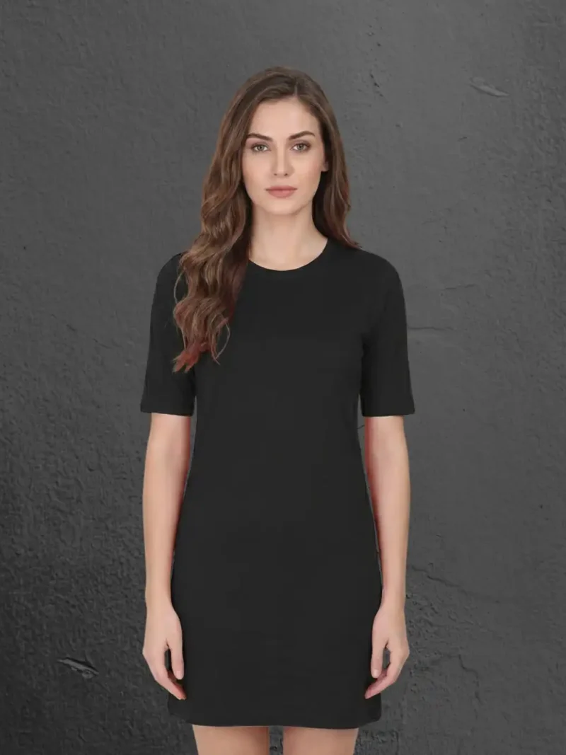 Female model wearing M4S Solids Black T-Shirt Dress 1