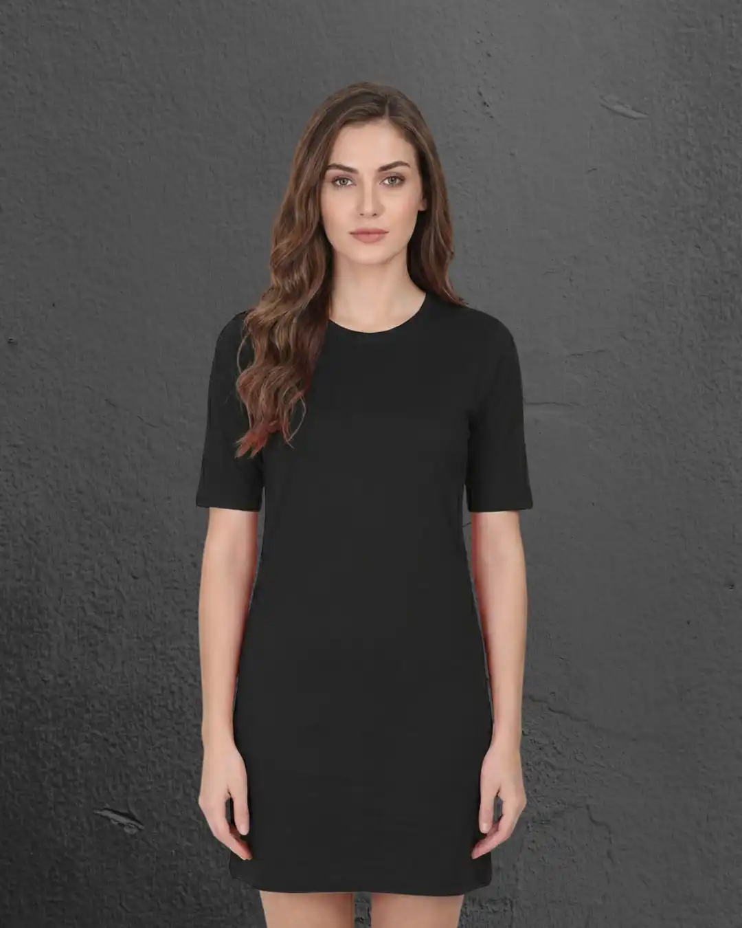Female model wearing M4S Solids Black T-Shirt Dress 1 Female model wearing M4S Solids Black T-Shirt Dress 1