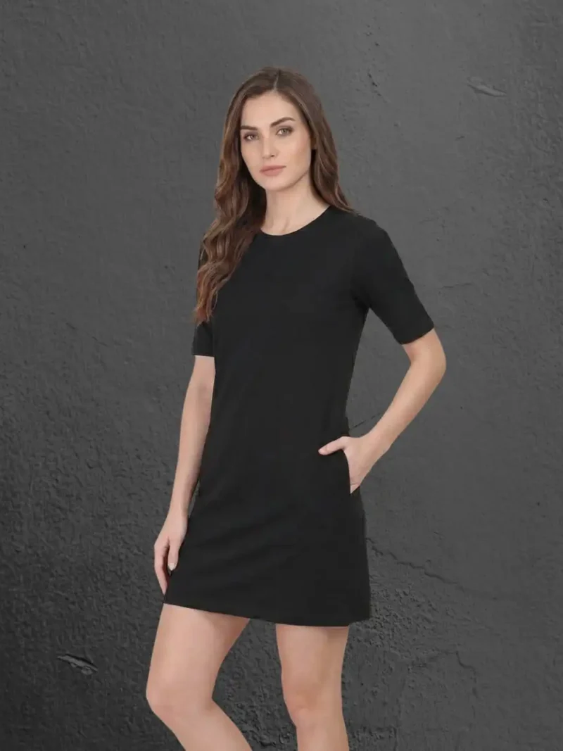 Female model wearing M4S Solids Black T-Shirt Dress 2