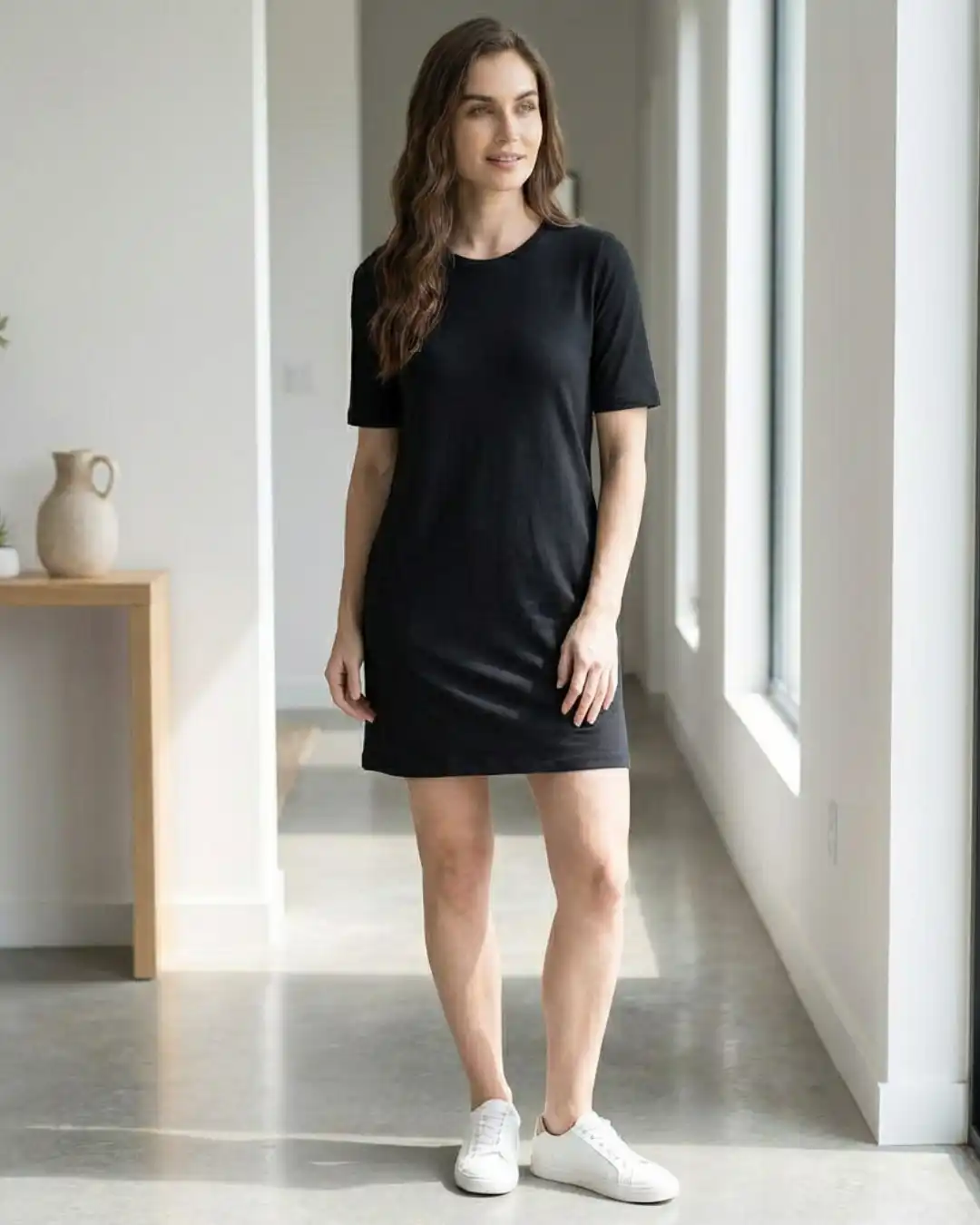 Female model wearing M4S Solids Black T-Shirt Dress indoors Female model wearing M4S Solids Black T-Shirt Dress indoors