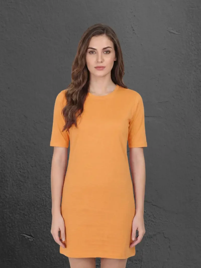 Female model wearing M4S Solids Golden Yellow T-Shirt Dress 1