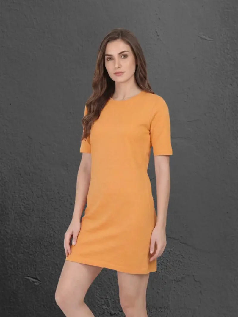 Female model wearing M4S Solids Golden Yellow T-Shirt Dress 2