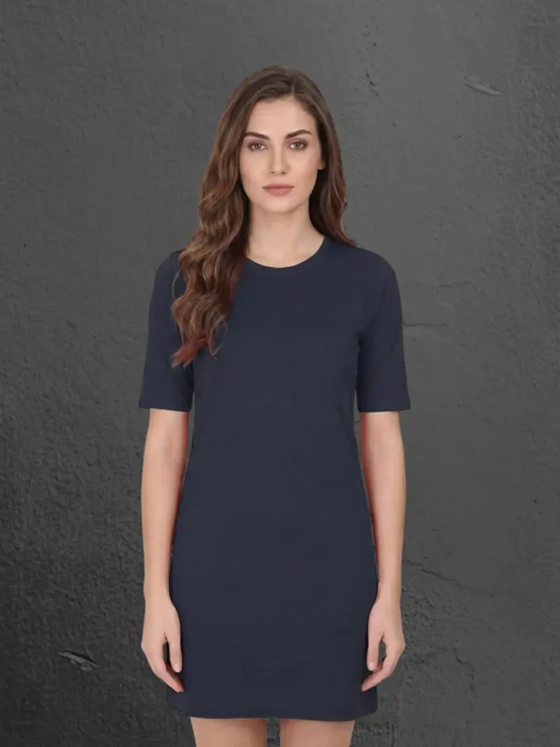 Female model wearing M4S Solids Navy Blue T-Shirt Dress 1