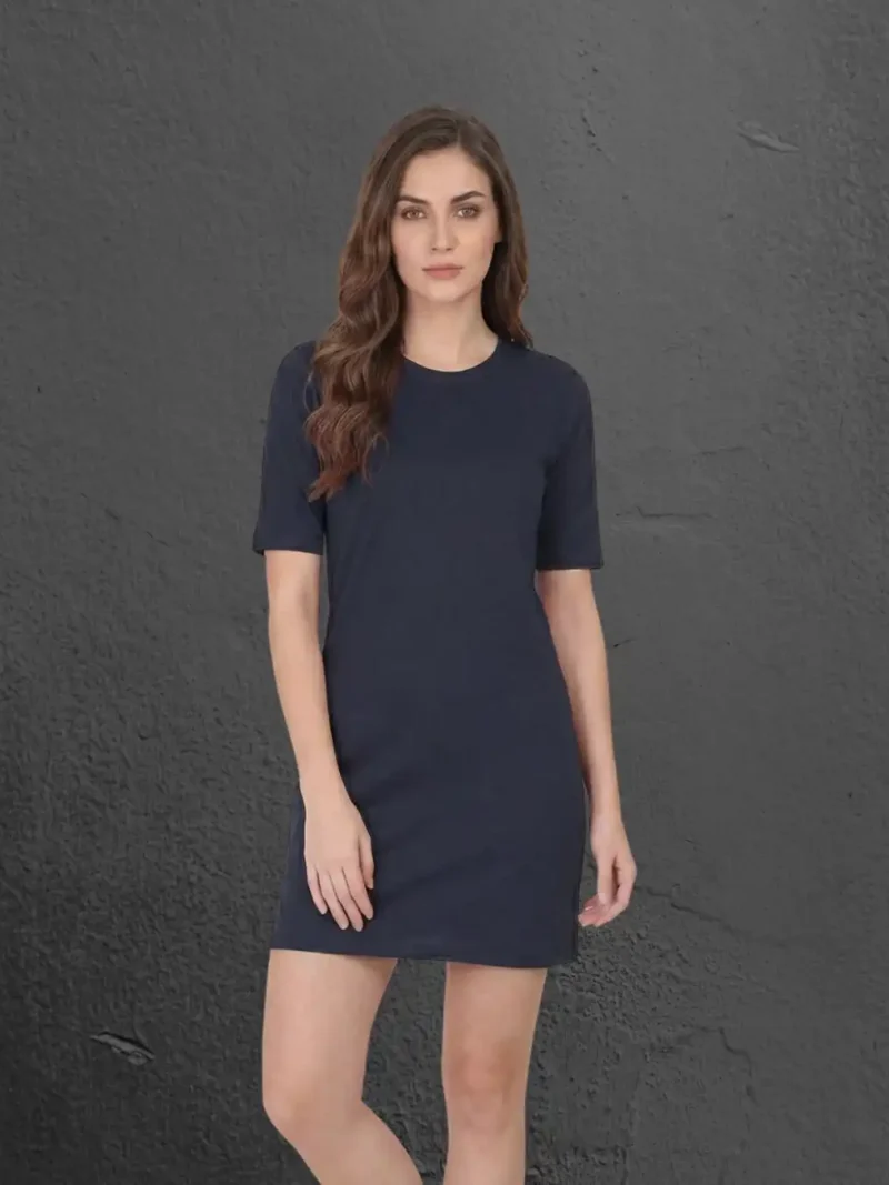 Female model wearing M4S Solids Navy Blue T-Shirt Dress 2