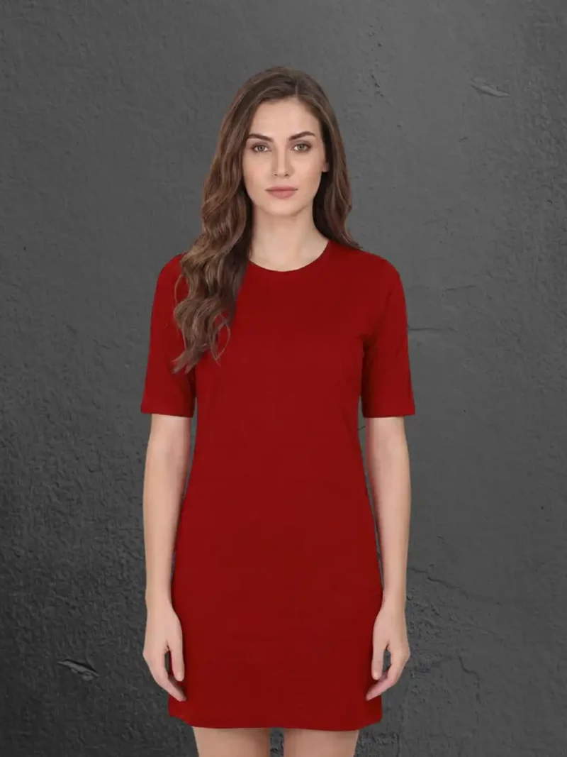 Female model wearing M4S Solids Red T-Shirt Dress 1
