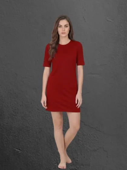 Female model wearing M4S Solids Red T-Shirt Dress 2