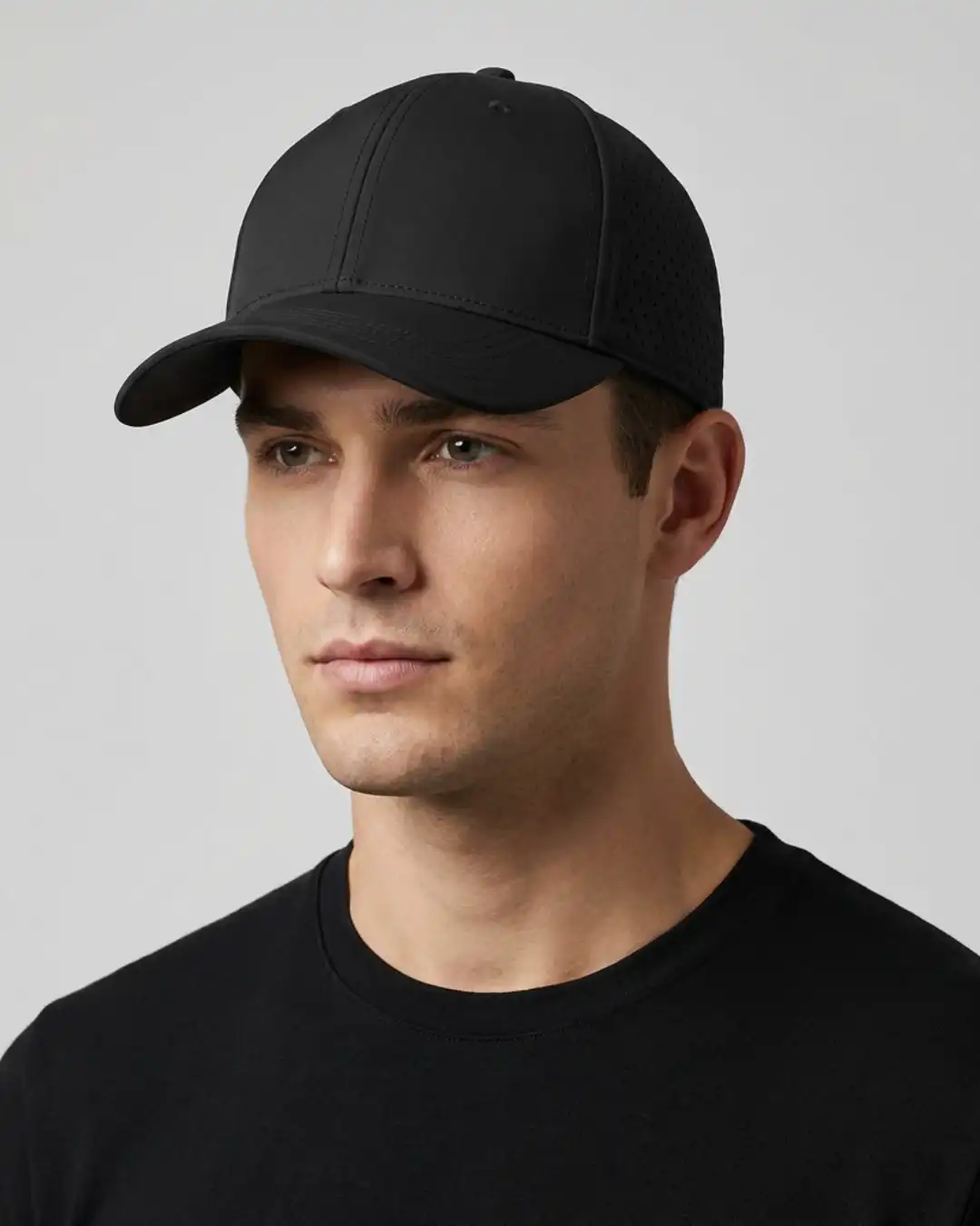Man wearing M4S Solids Black Unisex Sports Cap in a studio Man wearing M4S Solids Black Unisex Sports Cap in a studio