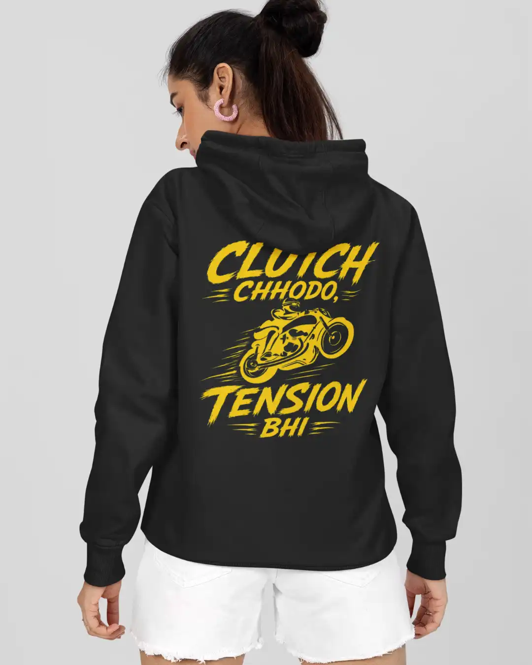 Back pose of a female model in Clutch Chhodo Black Terry Pullover Hoodie Back pose of a female model in Clutch Chhodo Black Terry Pullover Hoodie