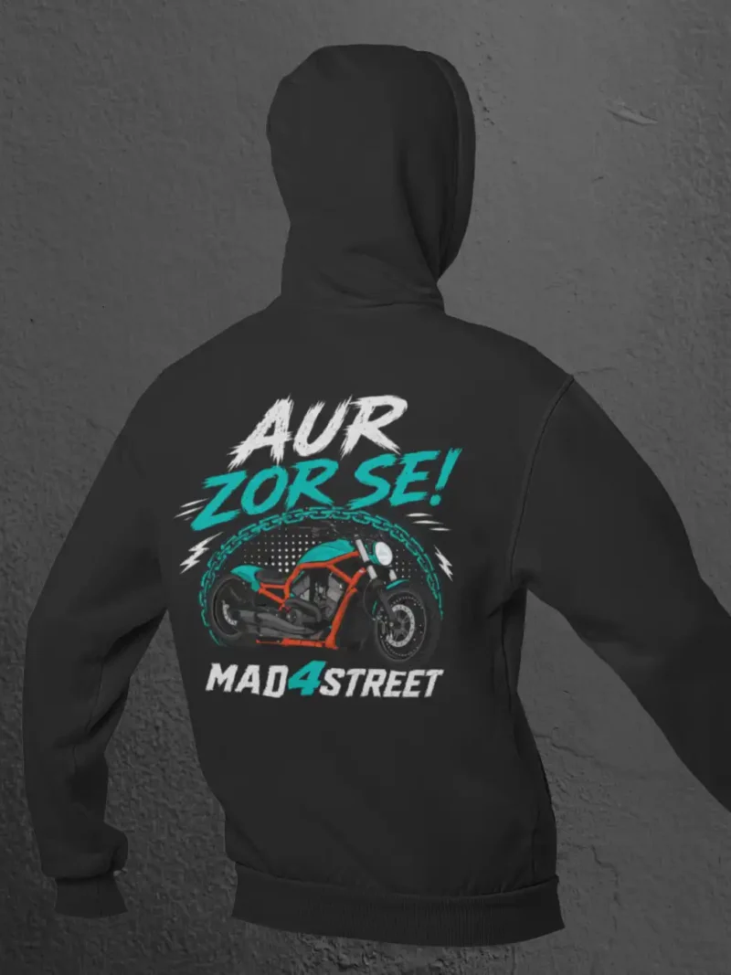 Back shot of Aur Zor Se Black Terry Pullover Hoodie