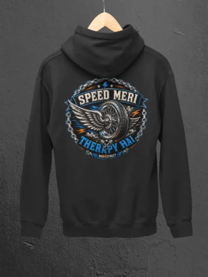 Back shot of Speed Meri Therapy Hai Black Zip Hoodie on a hanger
