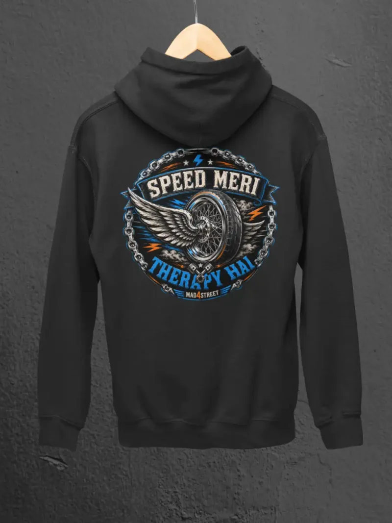 Back shot of Speed Meri Therapy Hai Black Zip Hoodie on a hanger