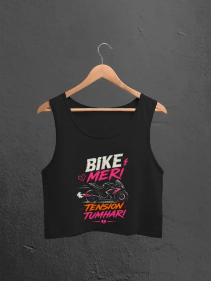 Bike Meri Tension Tumhari Black Crop Tank on a hanger