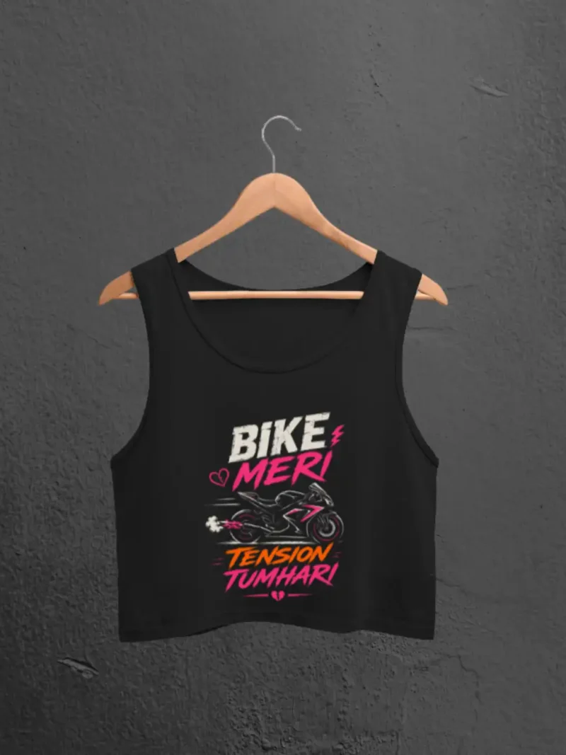 Bike Meri Tension Tumhari Black Crop Tank on a hanger