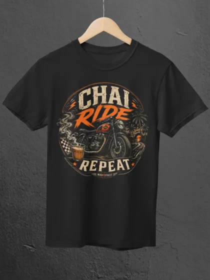 Chai Ride Repeat Black Classic Tee on a Hanger