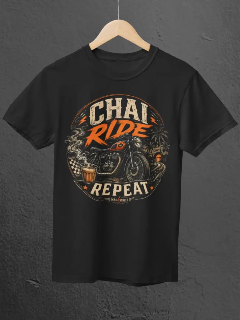 Chai Ride Repeat Black Classic Tee on a Hanger