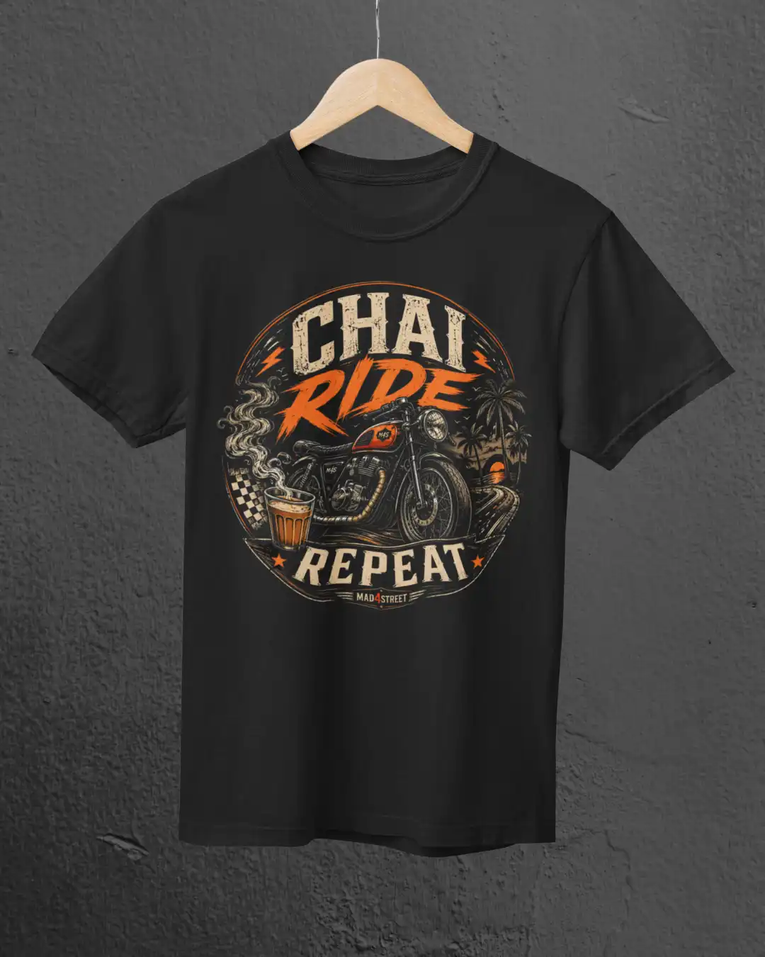 Chai Ride Repeat Black Classic Tee on a Hanger Chai Ride Repeat Black Classic Tee on a Hanger