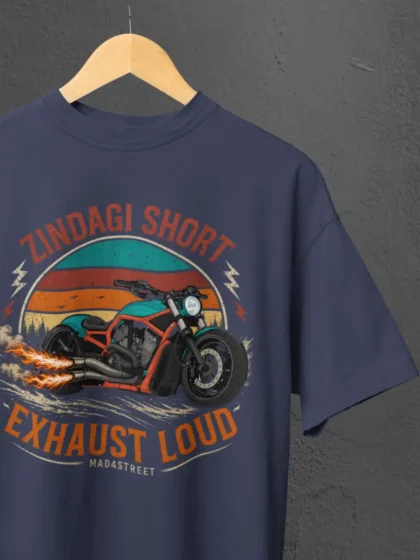 Close up of Zindagi Short Exhaust Loud Navy Blue Oversized Tee on a Hanger