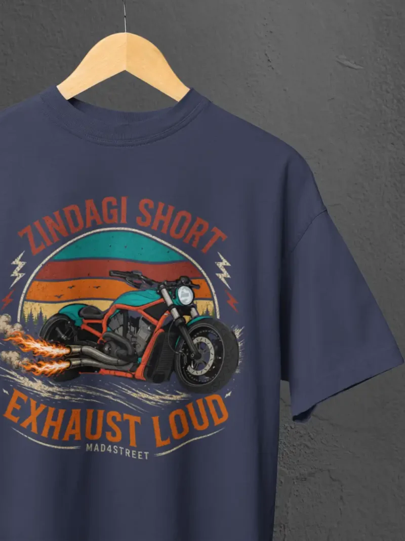 Close up of Zindagi Short Exhaust Loud Navy Blue Oversized Tee on a Hanger