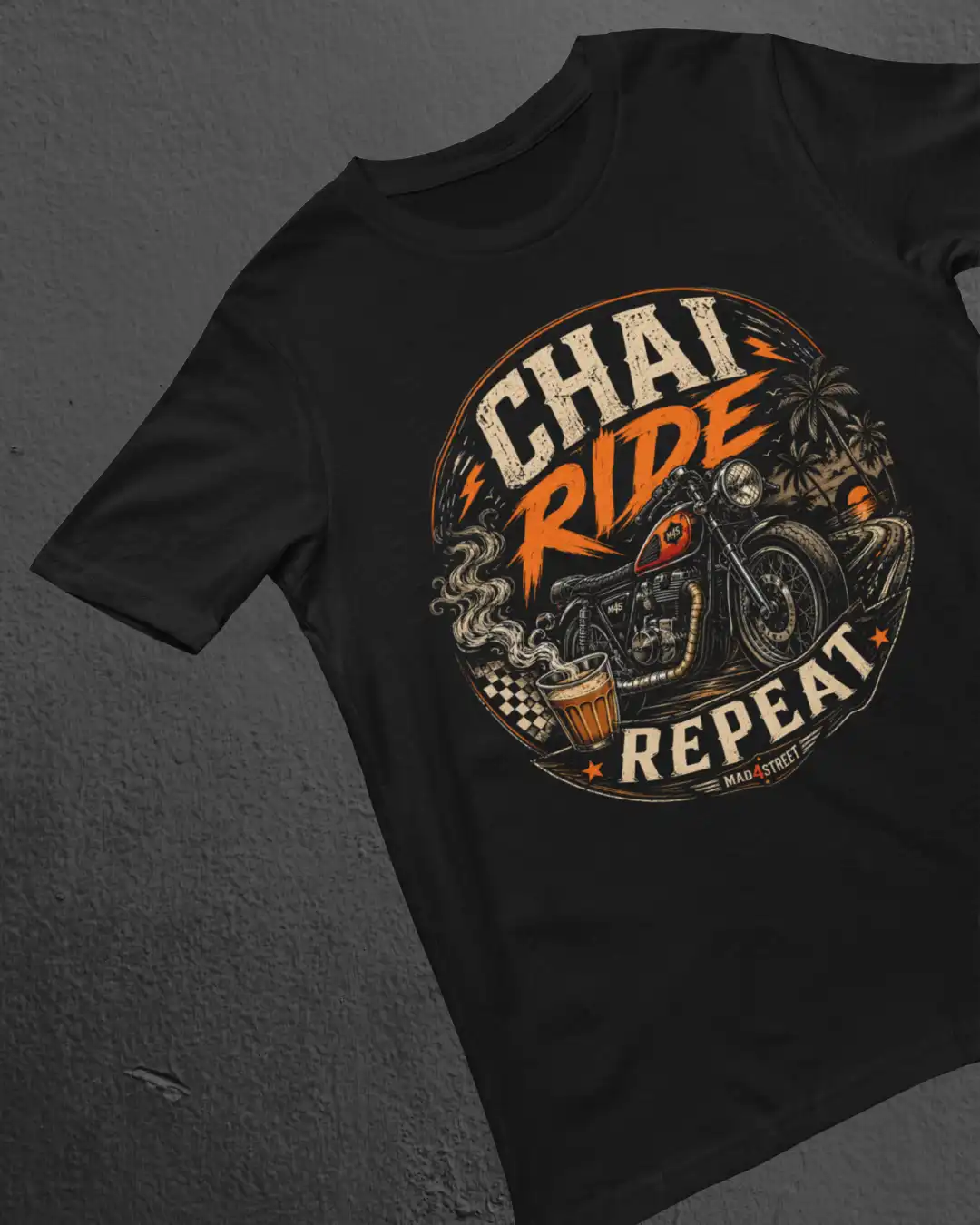 Flat Lay of Chai Ride Repeat Black Classic Tee Flat Lay of Chai Ride Repeat Black Classic Tee