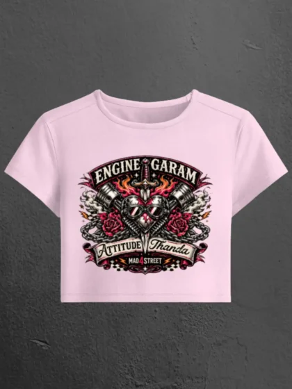 Flat Lay of Engine Garam Attitude Thanda Light Pink Baby Tee