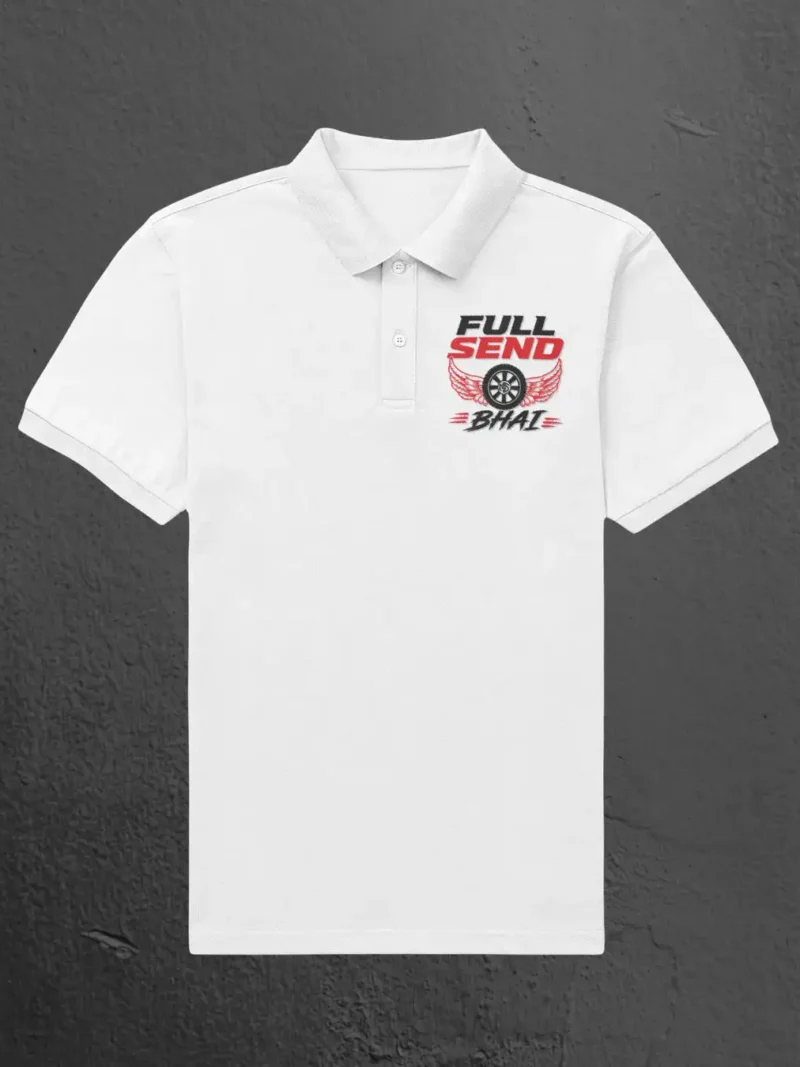 Flat Lay of Full Send Bhai White Polo