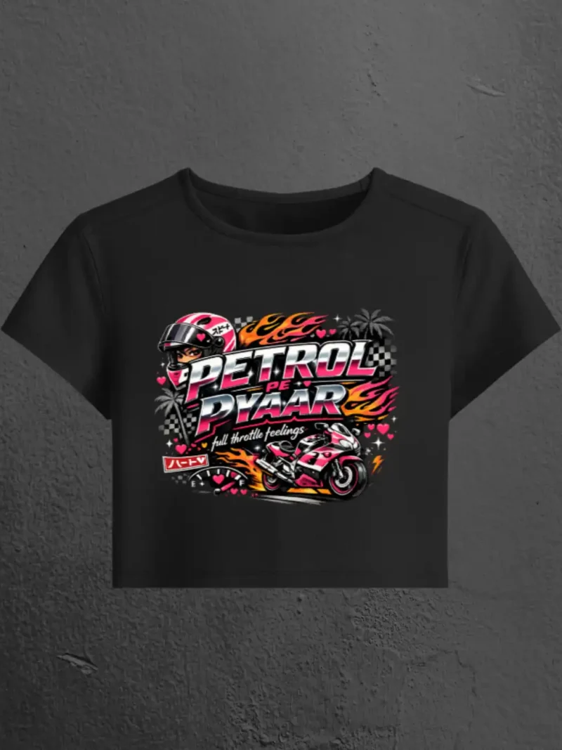 Flat Lay of Petrol Pe Pyaar Black Female Baby Tee