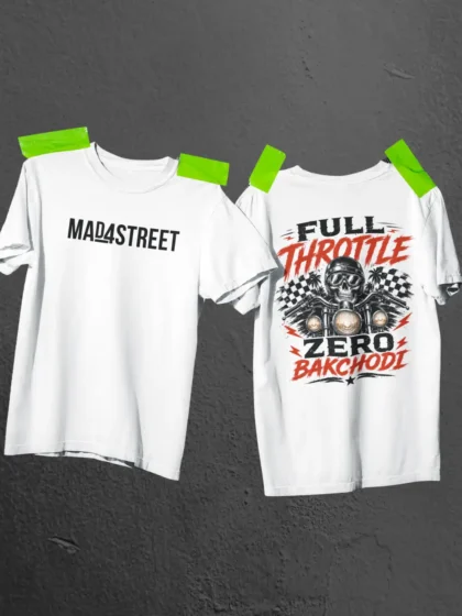 Front and back flat lay of Full Throttle Zero Bakchodi White Oversized Tee