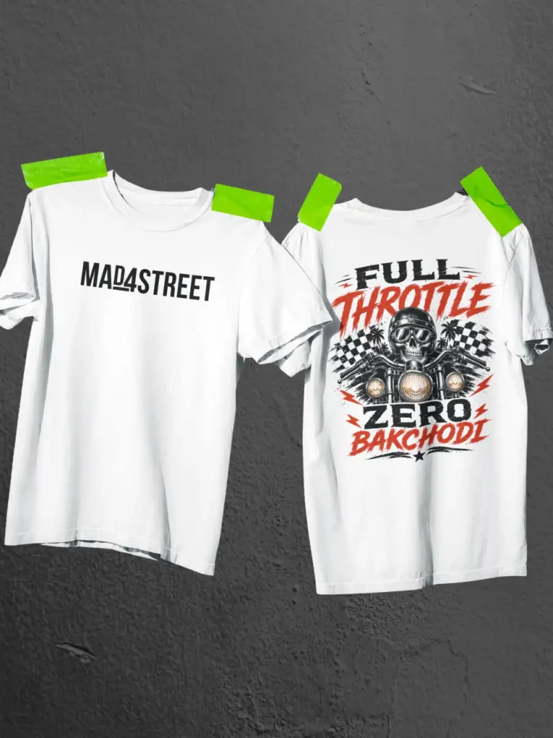 Front and back flat lay of Full Throttle Zero Bakchodi White Oversized Tee