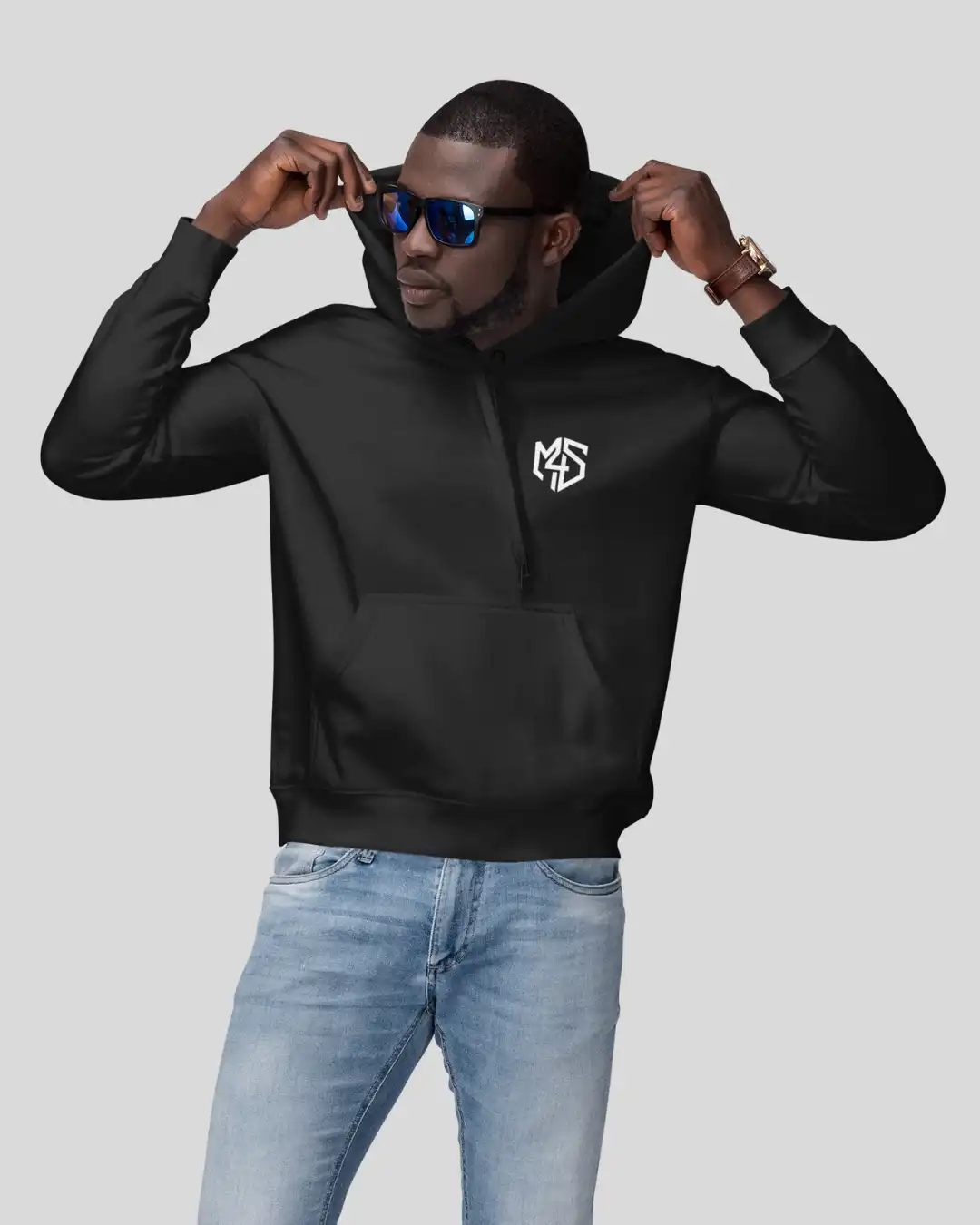 Front pose of a male model in Clutch Chhodo Black Terry Pullover Hoodie Front pose of a male model in Clutch Chhodo Black Terry Pullover Hoodie