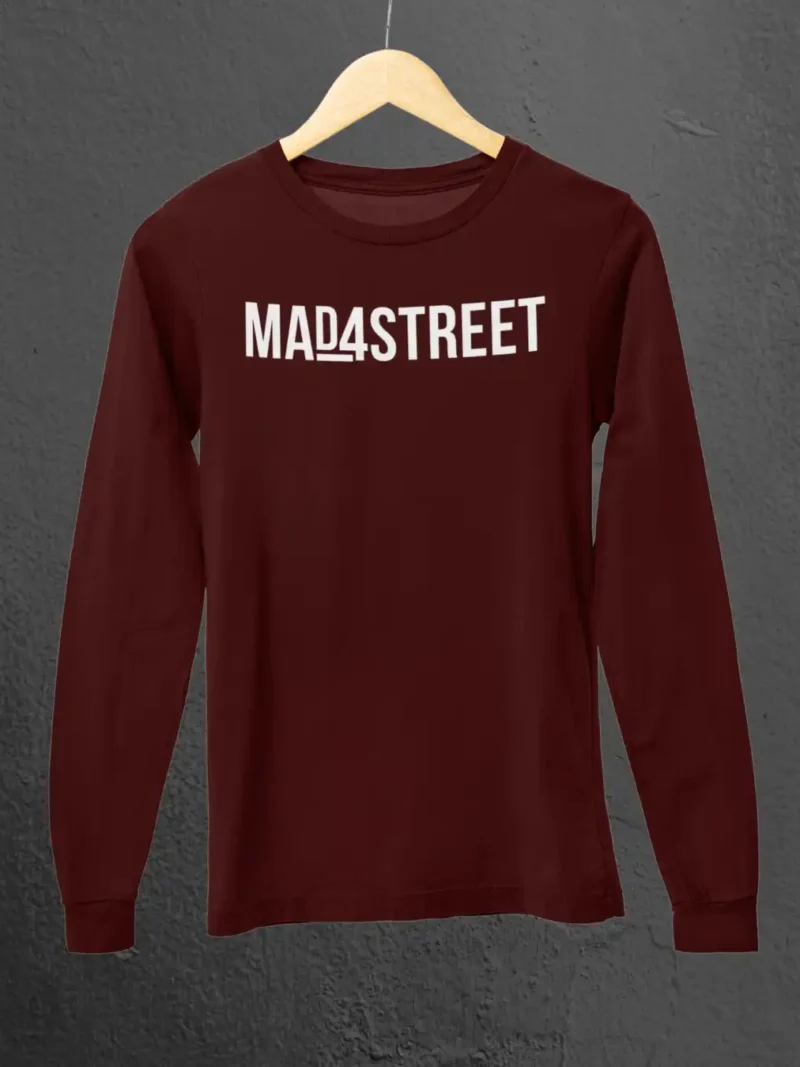 Front view of Aaj Ka Plan Bas Ride Maroon Full Sleeve Tee on an hanger