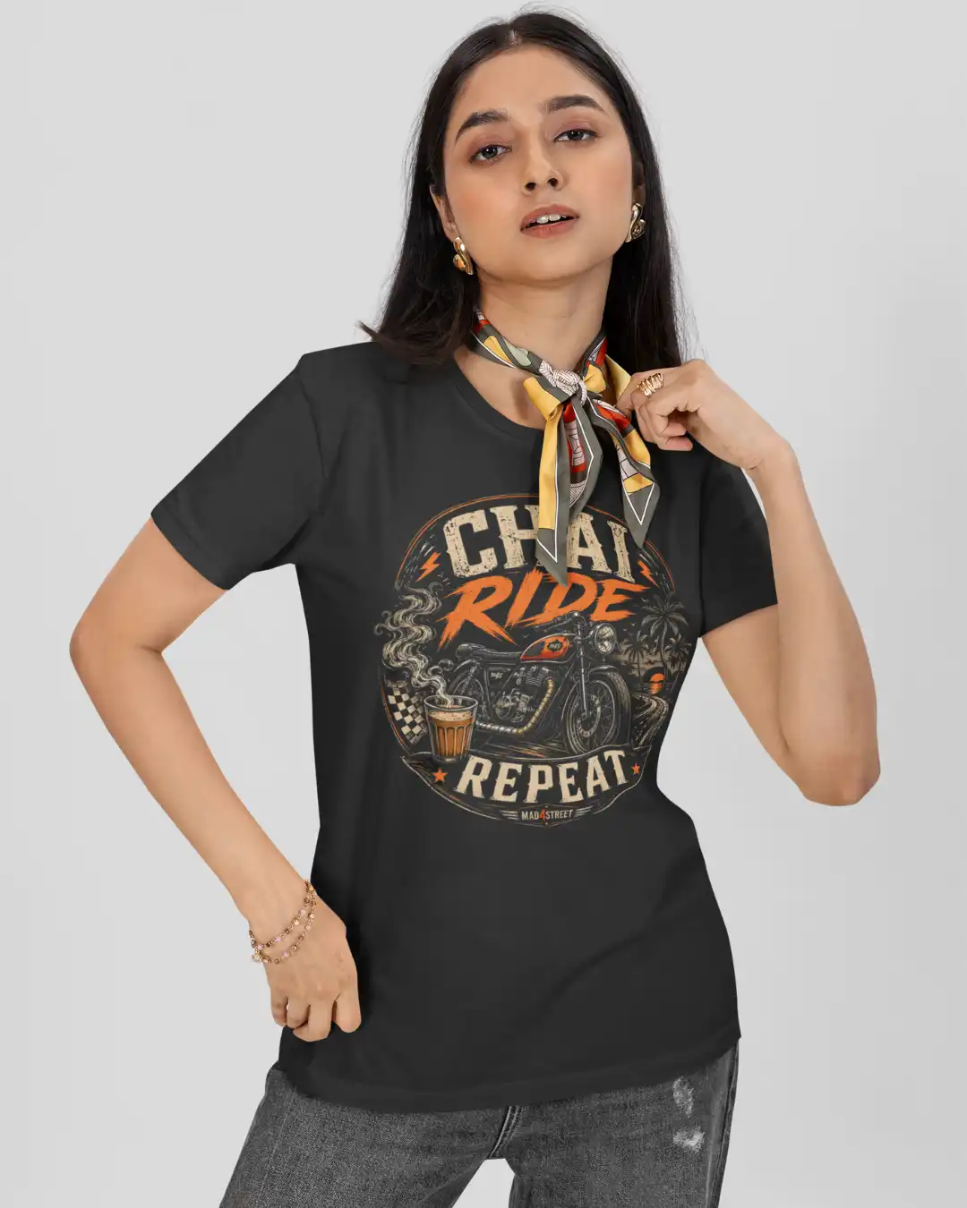 Front view of Woman posing in Chai Ride Repeat Black Classic Tee Front view of Woman posing in Chai Ride Repeat Black Classic Tee