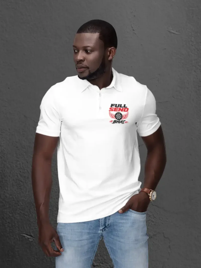 Man posing in Full Send Bhai White Polo