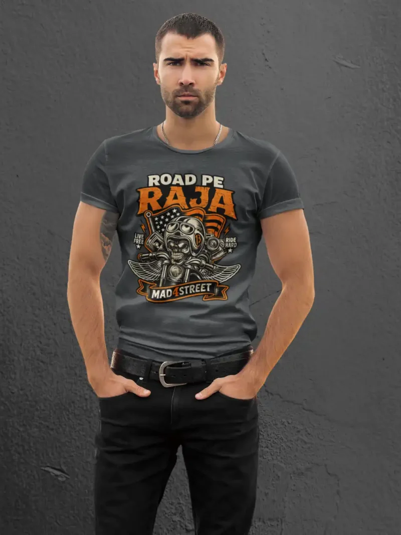 Man posing in Road Pe Raja Steel Grey Classic Tee