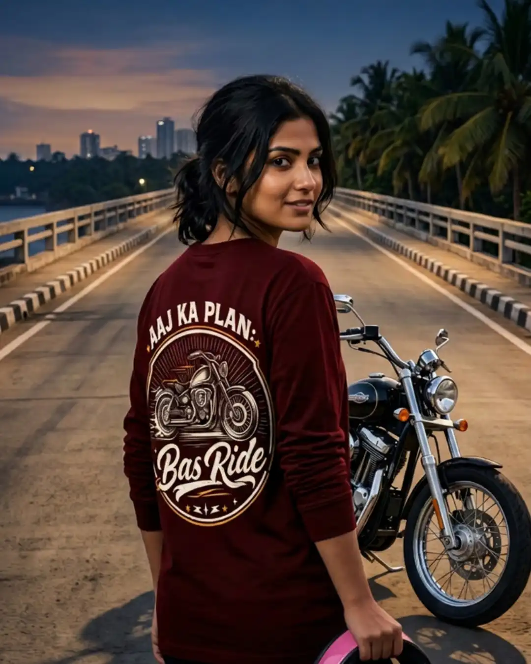 Night Shot of a girl in Aaj Ka Plan Bas Ride Maroon Full Sleeve Tee Night Shot of a girl in Aaj Ka Plan Bas Ride Maroon Full Sleeve Tee
